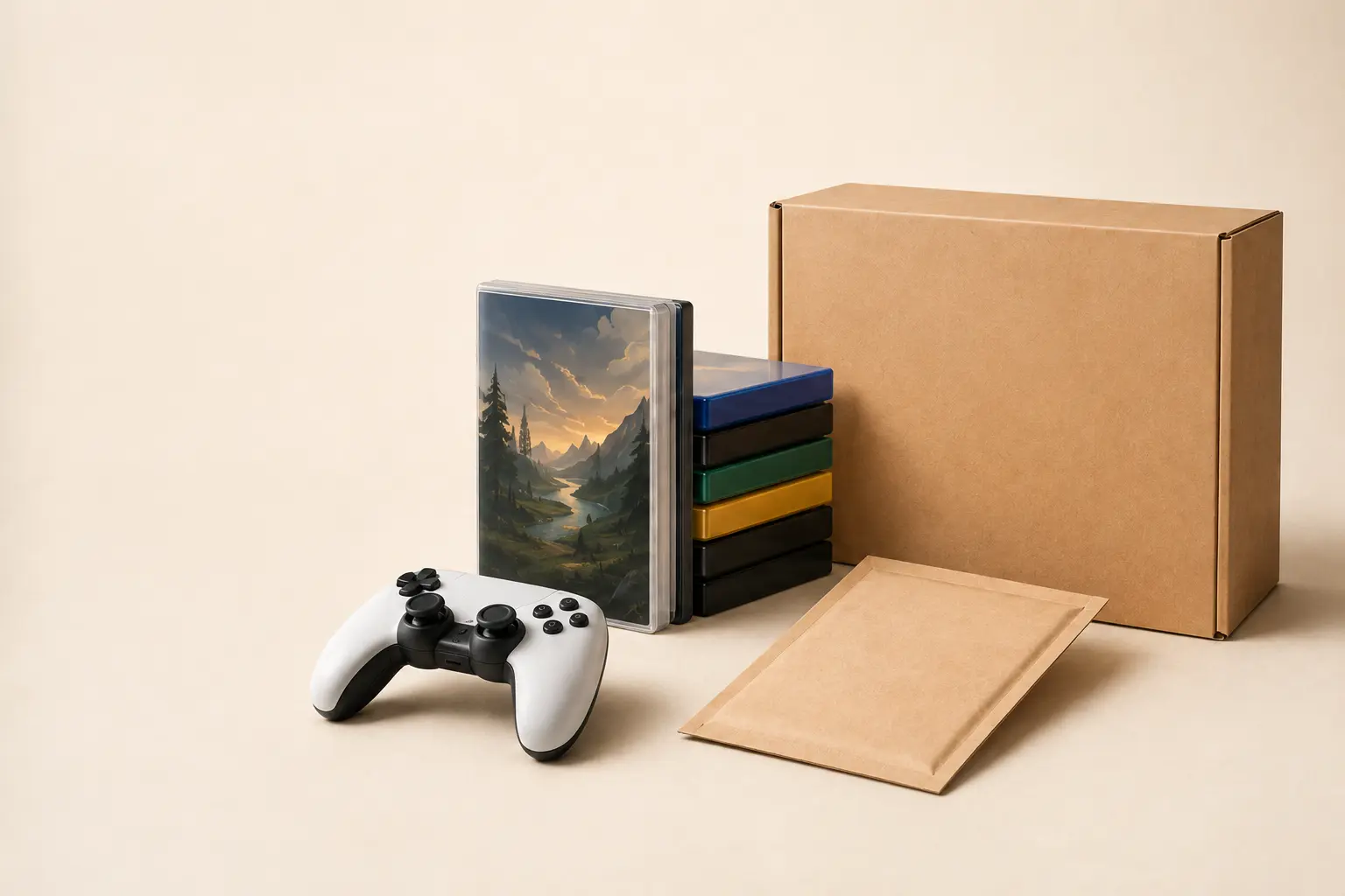 Controle, jogos e embalagem prontos para encontrar um novo jogador